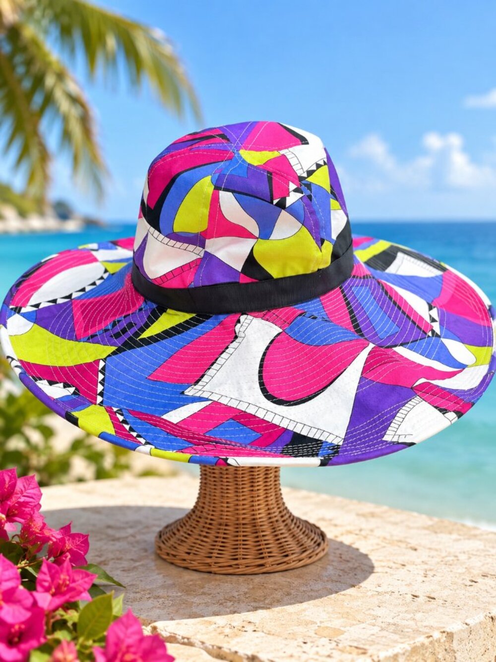 Vintage Mod Abstract Wide Brim Sun Hat Pink Purple Lime Geometric 60s 70s